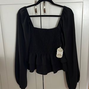 Square neck smocked ruffled peplum blouse